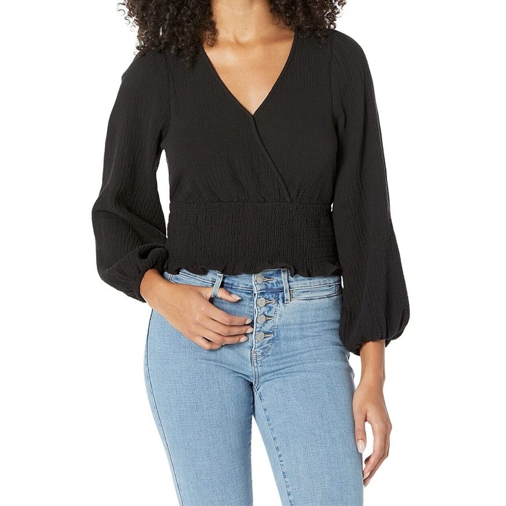 Madewell Lightspun Julianne Smocked Waist Top Black Gauze Crop Large Boho Spring
